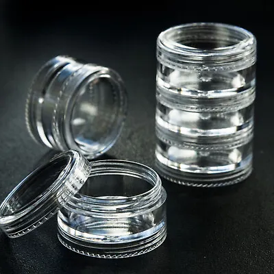 1-100 5ml 5gms Stacking Pots Clear Plastic Screw Lid Glitter Nail Art Craft Jds • £1.01