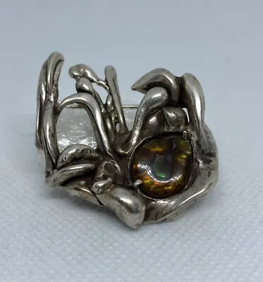 Mid Century Mexican Brutalist Sterling Silver & Fire Agate Brooch SIGNED Chacon • $375