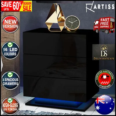 Artiss Bedside Tables Side Table RGB LED Lamp 3 Drawers Nightstand Gloss Black • $84.43