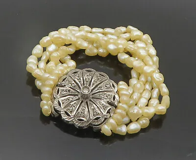 925 Silver - Vintage Antique Genuine Diamonds & Pearls Floral Bracelet - BT7696 • $393.45