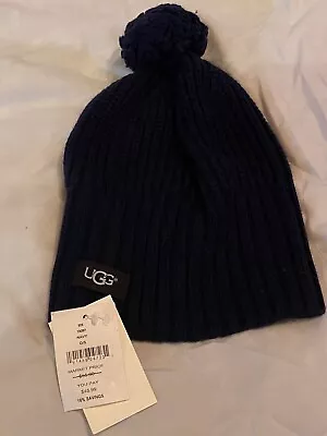 Ugg Yarn Pompom Cardi Mix Stitch Knit Beanie Hat Blue New! NWT • $35