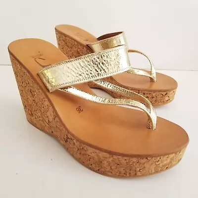 K JACQUES Wedge Sandals Cork Platform Heel Gold Leather Size 36 US 5 Retail $370 • $70.99