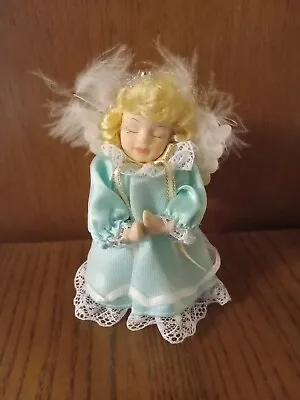 Vintage Kneeling Angel Doll 4.5  Blond Green Dress Feather Wings Great Condition • $9