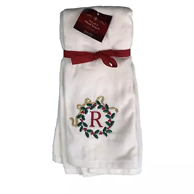 Monogrammed Holiday Hand Towels 'R' Set/2 Christmas Tree Shoppe Nantucket Ivory • $14