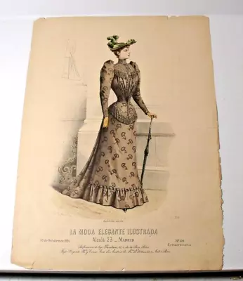 1891 Antique French Hand Colored LA MODE ELEGANTE ILLUSTRADA Fashion Print (40) • $18