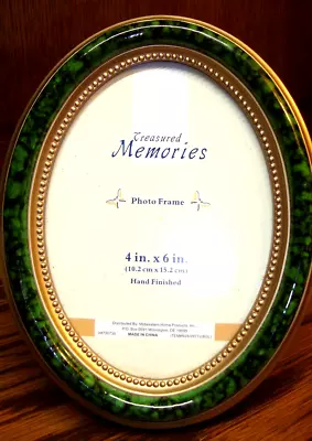 Photo Frame TREASURED MEMORIES 4 X 6  Gold & Green Oval Wall Or Tabletop     681 • $14.39