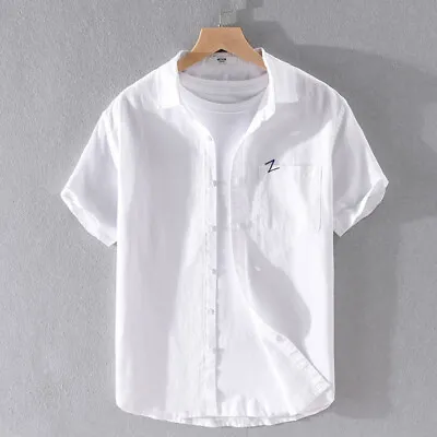 Mens Linen Cotton Short Sleeve Shirt Ethnic Tops Blouse Pocket Casual Soft Solid • $30.53