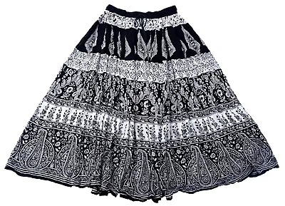 Vintage 80s Monochrome Patterned Cotton Gypsy Skirt Retro Boho 12 - 14 • £7.95