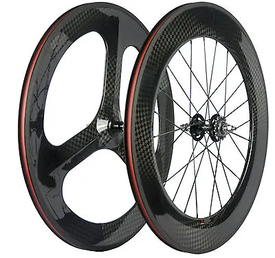 700C Fixed Gear Track Wheels 70mm Tri Spoke Front Wheel 88mm Rear Carbon Wheels • $422