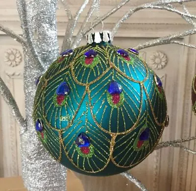 £5.29 • Buy Gisela Graham Peacock Collection Feather Glass Baubles Vintage Glitter Christmas