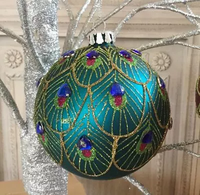 £5.29 • Buy Gisela Graham Peacock Collection Feather Glass Baubles Vintage Glitter Christmas
