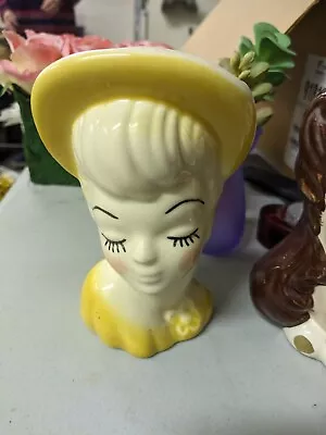 Vintage Lady Head Vase 6   1950s Napcoware Lashes Hand Painted Yellow Dress • $40