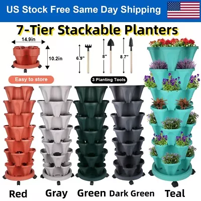 7-Tier Stackable Planters Vertical Planter Garden Flower Pot W/ 4 Wheels & Tools • $39.86