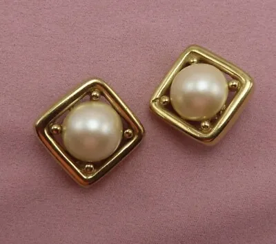 Vintage Givenchy Signed Clip-On Earrings Gold White • $189