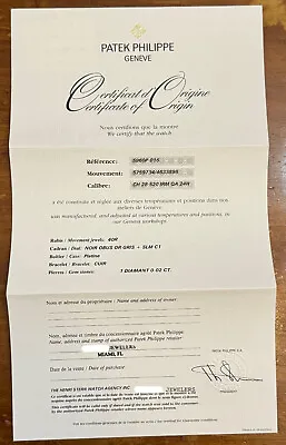 Patek Philippe Certificate Of Origin For CHRONOGRAPH FLYBACK ANNUAL 5960P-016 • $450