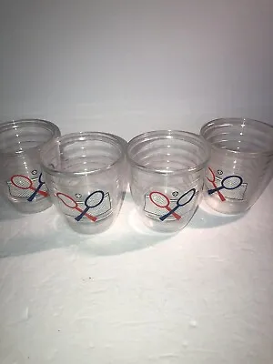 Vintage Tumblers Clear With Tennis Racks And Ball Plastic Cup Thermal Set Of 4 • $16.99