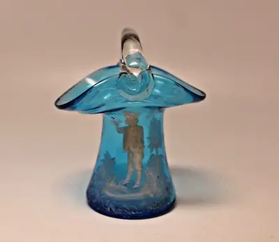 Antique Mary Gregory Blue Art Glass Hat Basket Pontil Enamel Boy Trumpet Bugle • $76