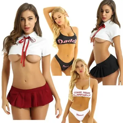 £18.71 • Buy Women Sexy Lingerie School Girl Crop Top Pleated Mini Skirt Thong Cosplay Outfit
