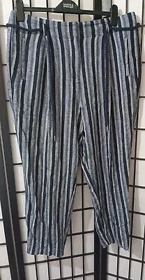 M&S Blue Striped Viscose Linen Blend Trousers Size 16 • £6