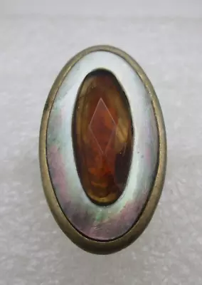 Signed KCR Massive Mother Of Pearl Amber Glass Statement Ring • $10