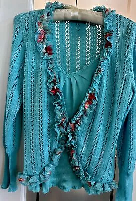 MICHAEL SIMON Aqua Silk Cotton Crochet Cardigan Ruffles Sweater & Tank Set Small • $38
