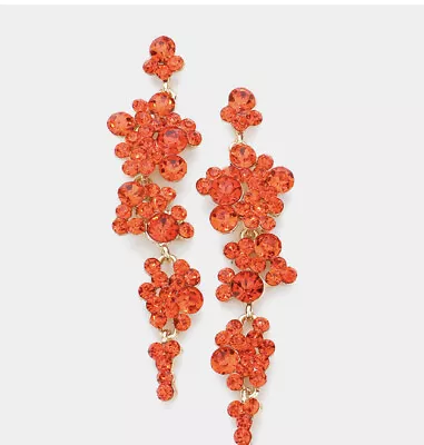 Orange Earrings Crystal Long Rhinestone Pageant  Earring Evening Dangle 3.25” • $14