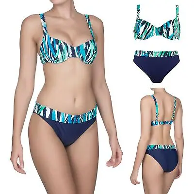 Naturana Bikini Set Underwired Soft Cup Top Fold Over Brief 72426 NavyGreen WM • £19.99