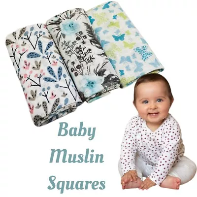 ✅3 Pack Large Printed Muslin Squares 80x70cm Baby Cloth Reusable Nappy Bibs Wipe • £7.42