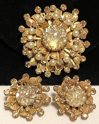 Miriam Haskell Set Rare Vintage Gilt Art Glass Pearl Brooch Earrings Signed A28 • $498