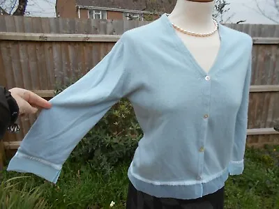 Marilyn Moore Blue Chiffon Trim Cardigan 52% Silk 48% Cashmere Size Medium • £46