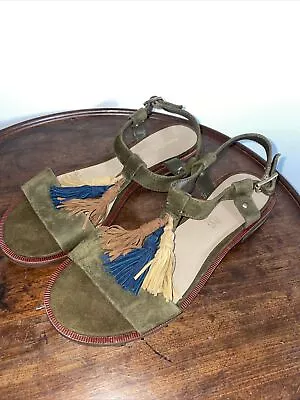 M&S Autograph Insolia Sandals Khaki Suede With Tassels Size 7 • £14.90