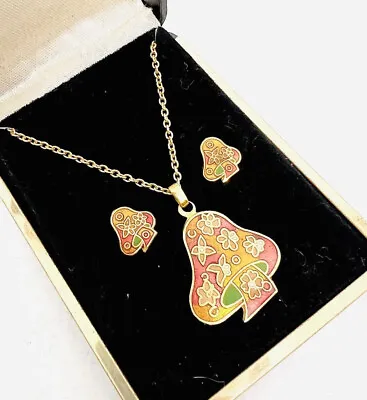 Colorful Cloisonné Enamel Mushroom Necklace & Earrings Demi Vintage Jewelry • $34.99
