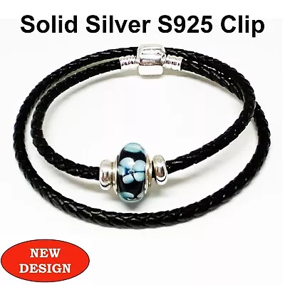 Double Leather Bracelet S925 Silver Clip Stoppers & Blue Flower Murano Charm • £14.99