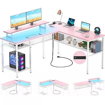 L Shaped Desk 55  Reversible Corner Computer Desk With Outlets Home Office Desk • $139.99