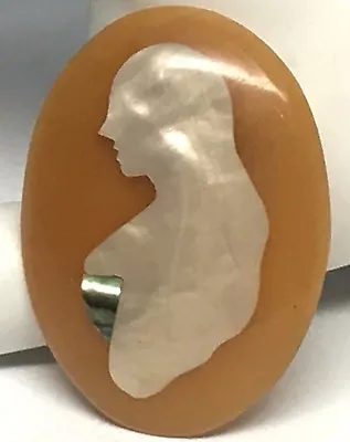 Vintage Butterscotch Resin Inlaid Mother Of Pearl Cameo Mermaid Brooch Pin • $20