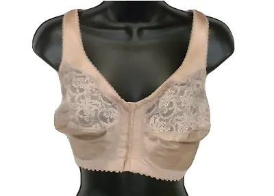 Glamorise Magic Lift Wireless Bra 46D Beige Front Closure Unlined Floral Lace • $12.88