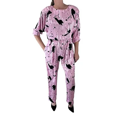 VINTAGE 80'S Act 1 New York Women’s Pink Black Splatter Print Jumpsuit Artsy M • $48