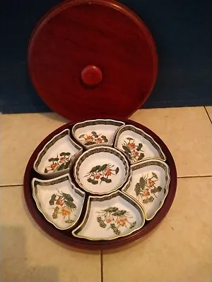 £49.99 • Buy Very Ornate Hand Painted Lazy Susan Turntable Serving Dish.. Wooden Case 