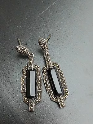 Sterling Silver Art Deco Earrings With Marcasite And Black Onyx 925 • $15.99