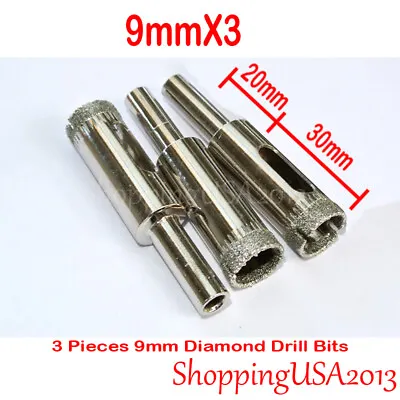 3 Pcs 9mm Diamond Drill Bit Set Hole Saw Cutter Tool 2 Slots Glass Marble Tile • $8.99