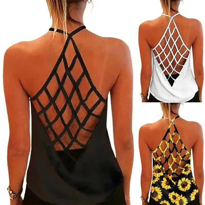 £13.99 • Buy Ladies Summer Sunflower Vest Tank Halter Neck Backless Casual Beach Blouse Tops