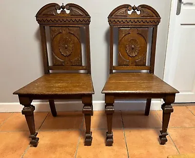 Antique Pair Of Oak Early Victorian Gothic Revival Hallway Chairs • £250