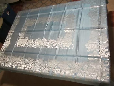 Vintage Tablecloth Blue Jacquard Silver Roses 54 X 72 With 8 Napkins • $42