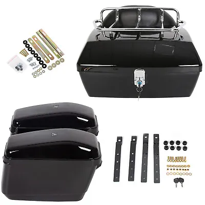 Motorcycle Saddle Bags & Tour Pack Trunk W/ Backrest Top Luggage Rack For Harley • $169.99