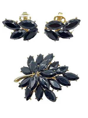 RARE Vtg Crown Trifari Rhinestone Set Brooch Earrings Jet Black Golden Trifarium • $450