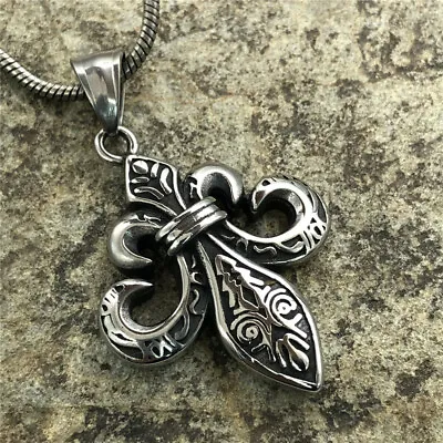 Mens Fashion Stainless Steel Fleur De Lis Pendant Necklace Jewelry Chain Gift • $10.99