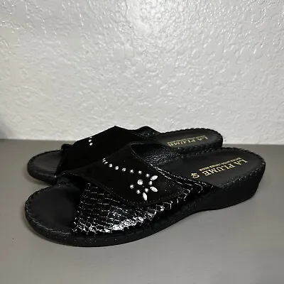 La Plume Womens Torino Slides Sandal Shoes Black Leather Rhinestones Size 40 • $34.99