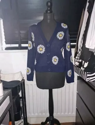 Ladies Daisy Pattern Navy Blue V Neck Button Up Cardigan Size S Papaya Matalan • £7.99