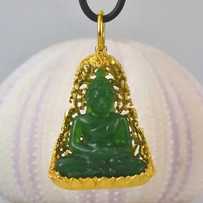 Buddha Image Gold Vermeil Sterling Bodhi Tree Green Chalcedony Pendant 14.06 G • $282
