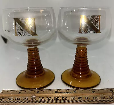 2 Vintage Roemer Wine Goblet Amber Beehive Ribbed Glass Stem  N  Made In France • $11.50